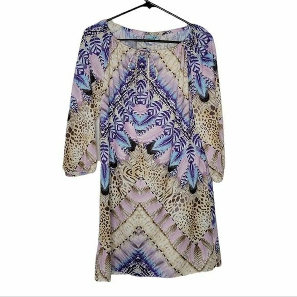 Letarte Multicolor Feather & Animal Printed 3/4 Sleeve Swim Coverup Womens Small